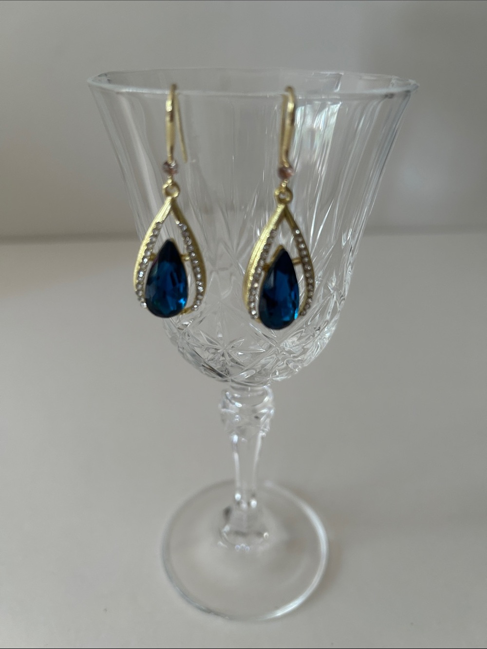 Gold Teardrop Earrings with Deep Blue Crystal